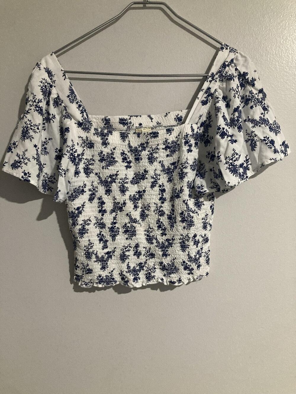 Japna Blouse Womens L White Cropped Square Neck Ruffle Floral Rayon